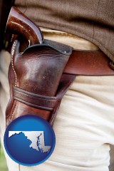 maryland map icon and a gun in a Western-style, leather holster