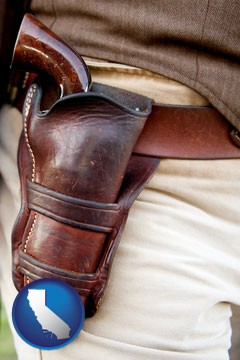 a gun in a Western-style, leather holster - with California icon