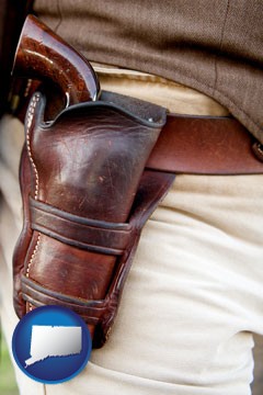a gun in a Western-style, leather holster - with Connecticut icon