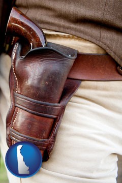 a gun in a Western-style, leather holster - with Delaware icon