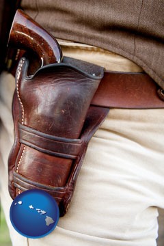 a gun in a Western-style, leather holster - with Hawaii icon