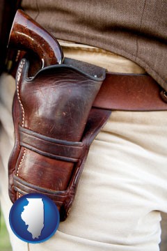a gun in a Western-style, leather holster - with Illinois icon
