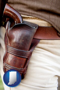 a gun in a Western-style, leather holster - with Indiana icon