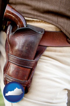a gun in a Western-style, leather holster - with Kentucky icon
