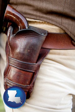 a gun in a Western-style, leather holster - with Louisiana icon