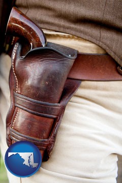 a gun in a Western-style, leather holster - with Maryland icon