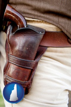 a gun in a Western-style, leather holster - with New Hampshire icon