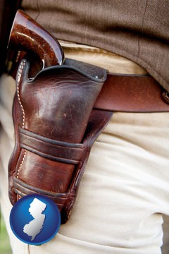 a gun in a Western-style, leather holster - with New Jersey icon