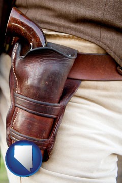 a gun in a Western-style, leather holster - with Nevada icon