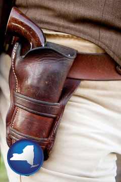 a gun in a Western-style, leather holster - with New York icon